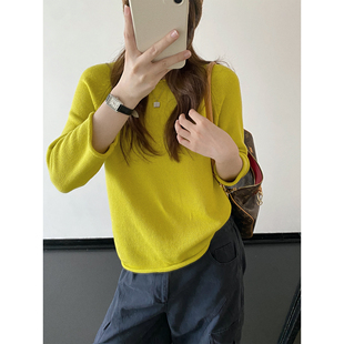 sun柚 春秋季圆领纯色卷边七分袖针织衫长袖宽松显瘦套头毛衣女