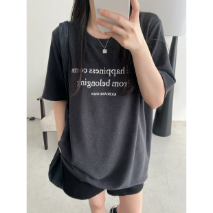 黑巧绵密磨毛松弛宽松显瘦圆领字母百搭打底衫 短袖 T恤 清仓价