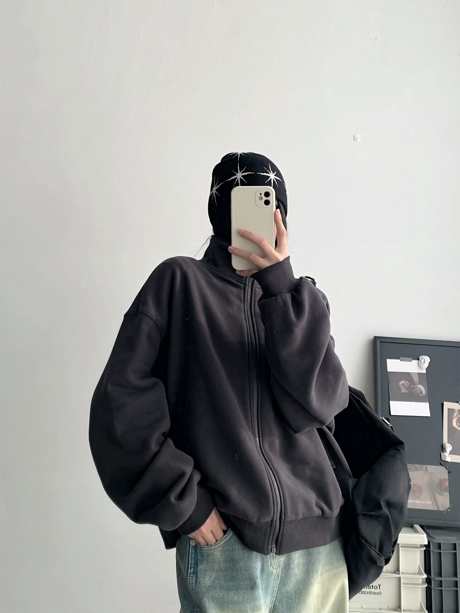 【清仓价】灰色立领开衫卫衣女秋冬纯色慵懒宽松运动短款加绒外套