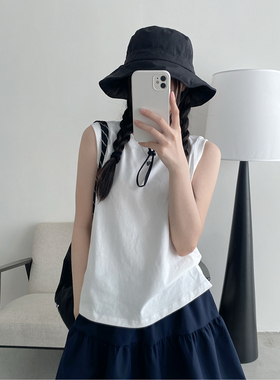 sun柚白色百搭基础款圆领背心女夏季新款白色纯色圆领T恤宽松上衣