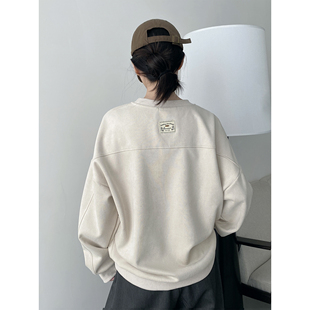 新款 卫衣女2025春夏季 套头落肩宽松上衣 麂皮绒圆领长袖 sun柚