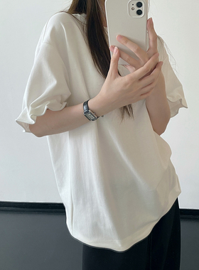 sun柚 白色宽松短袖T恤上衣女夏季新款针织设计感显瘦超好看衣服