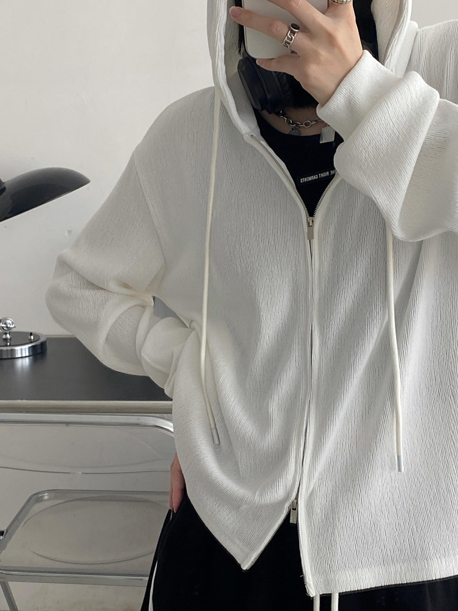 sun柚 春秋季连帽短款拉链开衫女宽松休闲慵懒针织衫上衣薄款帽衫