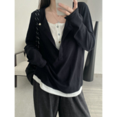 女长袖 sun柚 慵懒春秋半开斜领拼接假两件T恤衫 宽松百搭显瘦上衣