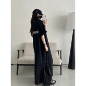 sun柚 梵文字母印花宽松圆领廓形短袖 连衣裙蕾丝拼接长裙女