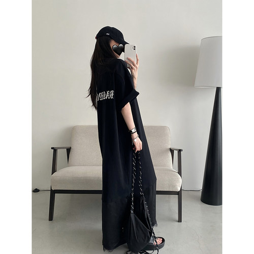 宽松短袖连衣裙蕾丝拼接长裙女