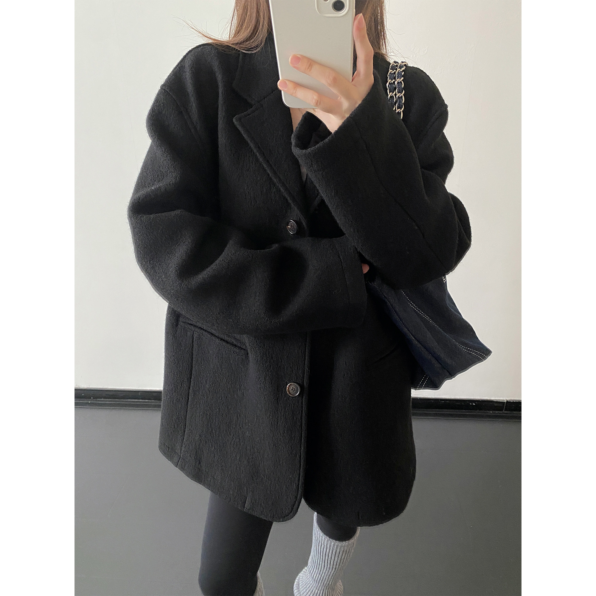 sun柚 羊毛呢高级感翻驳领休闲中性宽松系扣大版毛呢西装黑色外套,女装/女士精品,西装,淘宝优惠券,粉丝福利购,淘宝优惠卷