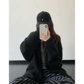 sun柚 外套宽松上衣 羊毛开衫 黑色松弛气质绑带设计感秋冬季 女新款