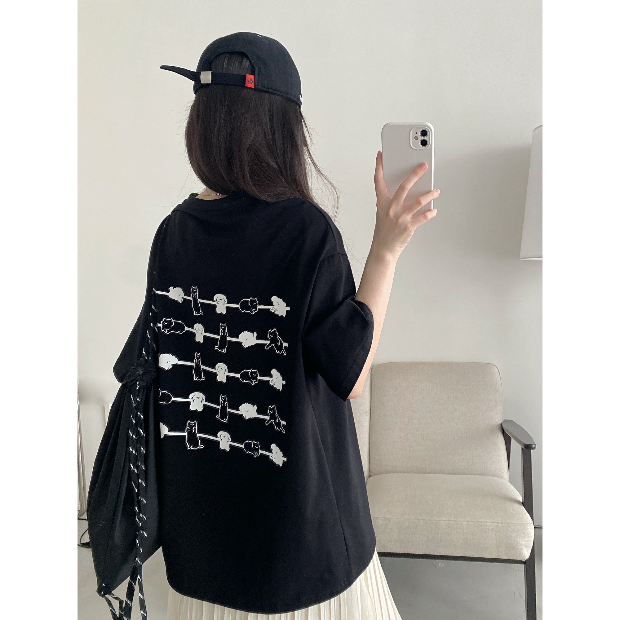 sun柚 简笔画印花纯棉短袖t恤女夏季休闲黑色宽松圆领上衣