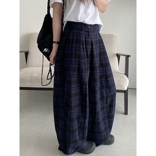 拖地 松紧腰阔腿弯刀长裤 sun柚 复古英伦撞色格纹宽松系扣休闲裤