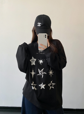 sun柚 手绘星星图案印花长袖T恤女春秋季黑色宽松内搭打底衫上衣
