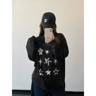 sun柚 手绘星星图案印花长袖T恤女春秋季黑色宽松内搭打底衫上衣