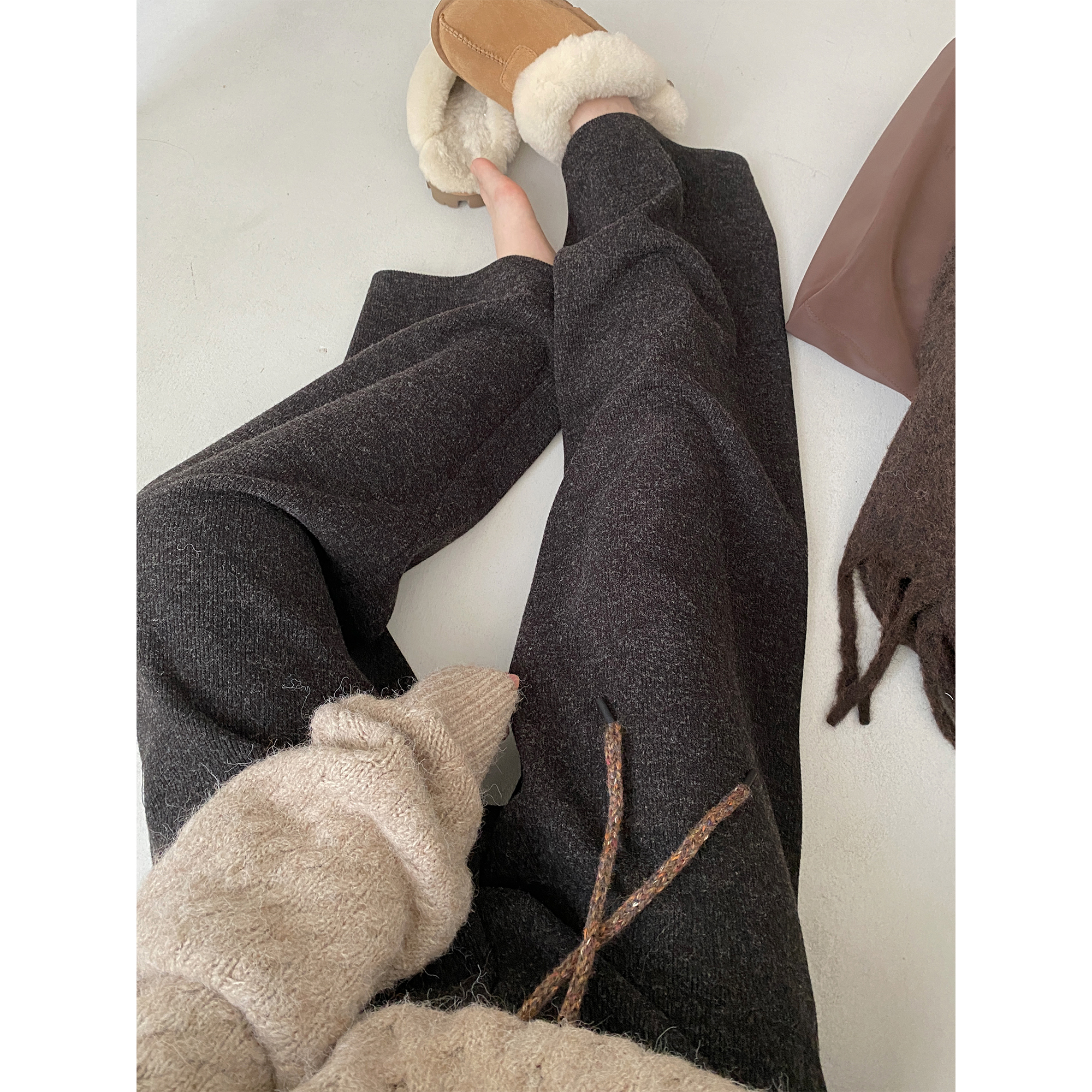 阔腿裤子宽松加绒深灰色直筒裤子