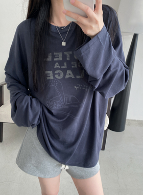 sun柚天丝印花长袖t恤女夏休闲圆领宽松显瘦大码薄款气质针织上衣
