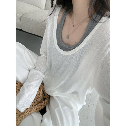 宽松大领口背心假两件长袖T恤女