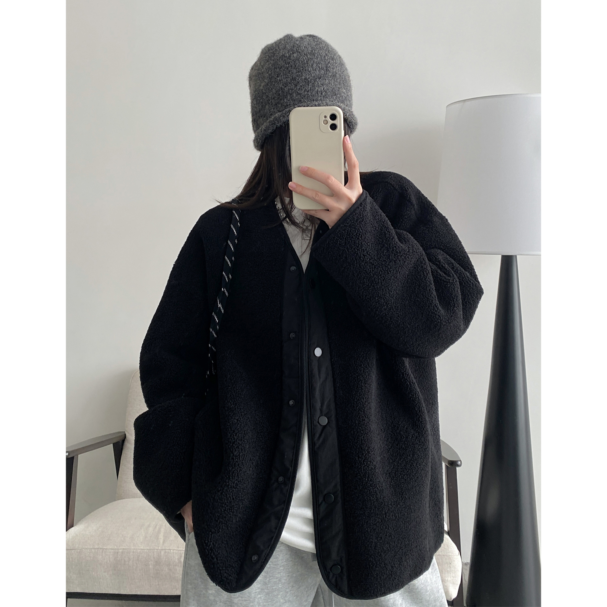 sun柚 秋冬款设计感休闲百搭时尚加厚一体绒羔毛外套女高级感上衣