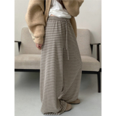 sun柚 子 超舒适垂感条纹百搭直筒裤 舒适弹弹裤 实穿松紧腰懒人裤
