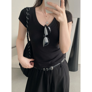 sun柚 天鹅颈V领正肩T恤绵羊毛软糯显瘦修身 短袖 打底上衣服女夏季