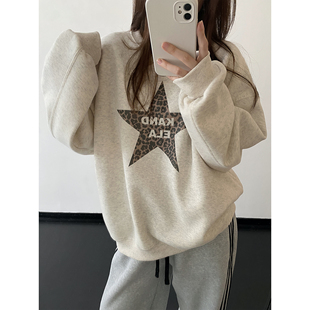 sun柚 加绒加厚宽松型慵懒风复古宽松保暖显瘦豹纹星星圆领卫衣女