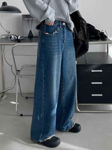 复古做旧毛须边阔腿牛仔裤女直筒