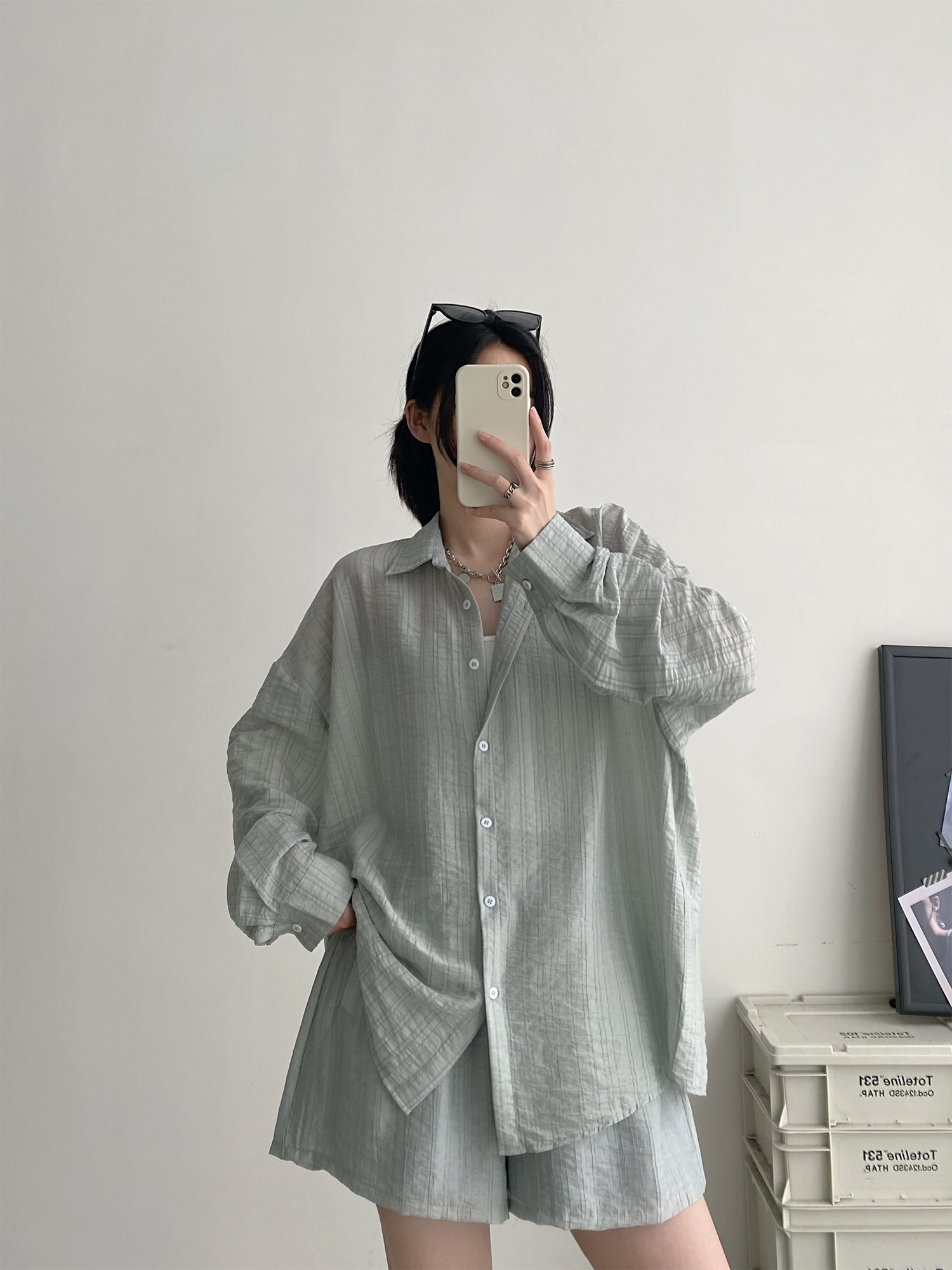 轻薄刺绣防晒衬衫套装开衫＋短裤