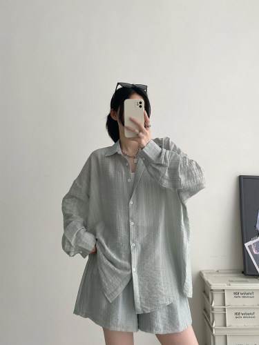 轻薄刺绣防晒衬衫套装开衫＋短裤