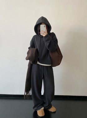 套装加绒卫衣+直筒裤子女秋冬