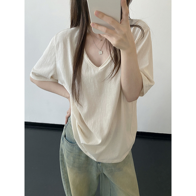 舒适老钱V领短袖T恤女条纹上衣