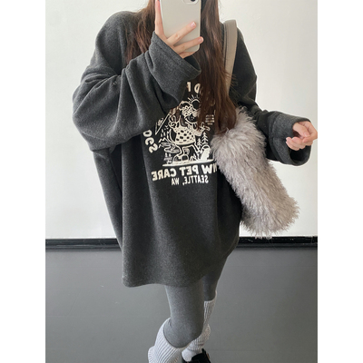 调皮小狗印花加绒圆领宽松卫衣女