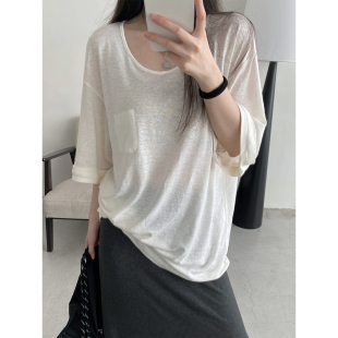 sun柚 T恤女宽松显瘦 私服系列亚麻透气大圆领假口袋慵懒宽松短袖