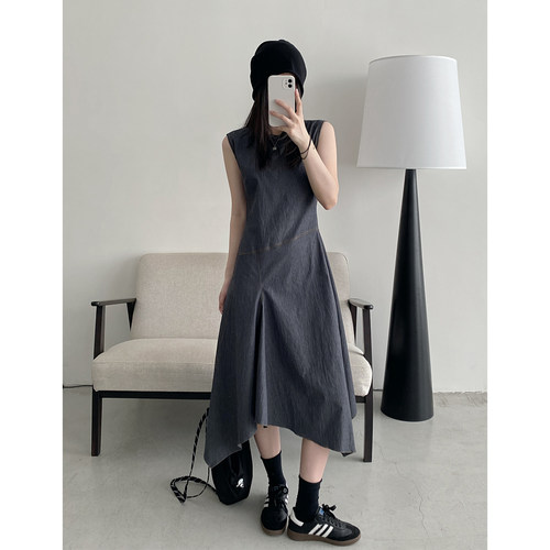 女夏收腰不规则圆领无袖背心裙