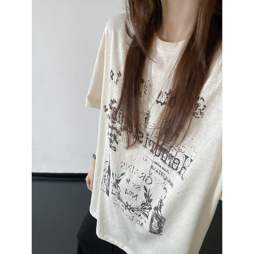 做旧裂纹涂鸦印花短袖T恤春夏