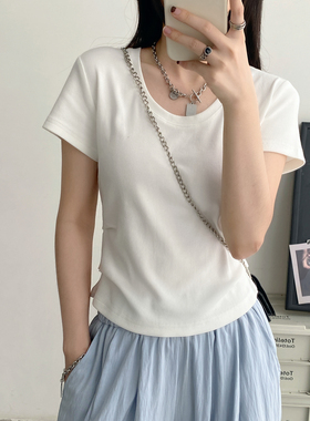 sun柚 巨显瘦抽褶设计短袖T恤女内搭夏季修身显瘦U领白色打底上衣