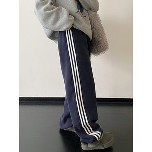 女 显瘦保暖阔腿裤 sun柚 加绒加厚三条杠撞色两穿长绒棉休闲卫裤