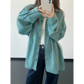 sun柚 女复古百搭内搭衬衣 衬衫 格纹收藏家春夏季 显白绿格纹长袖