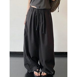 休闲裤 sun柚 羊毛混纺压褶抽绳宽松春夏季 西装 松紧腰通勤阔腿长裤