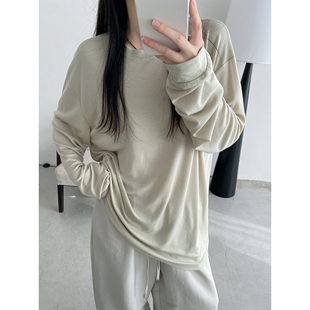 女 清仓价 软糯透气高克重羊毛天丝T恤慵懒宽松显瘦防晒打底衫