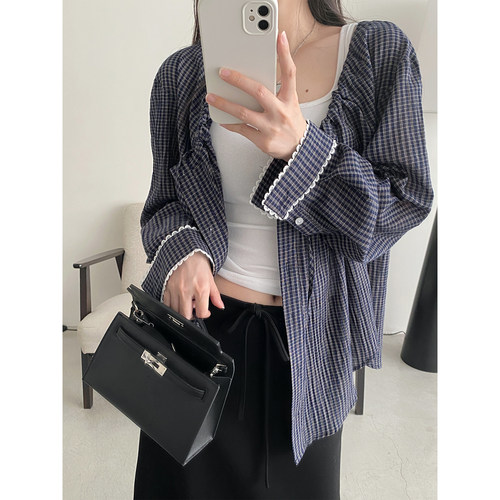 格子花序蕾丝边防晒衫上衣外套