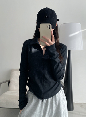 sun柚黑色拉链polo领长袖t恤女春秋季春秋短款内搭修身打底衫上衣
