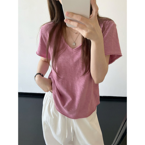V领纯色短袖t女显瘦百搭上衣夏