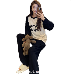 韩社字母撞色家居服睡衣女春秋夏圆领长袖莫代尔感韩版休闲套装冬