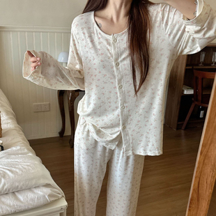 JIEAINA bm风蕾丝碎花开衫早秋睡衣女2025新款长袖韩系家居服套装