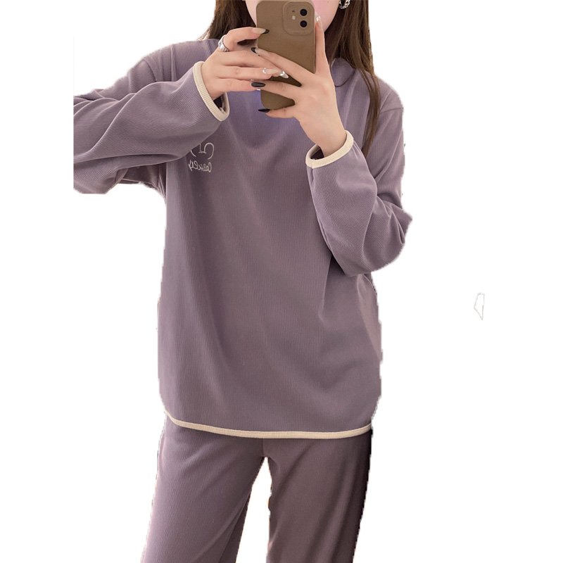 春秋磨毛长袖睡衣女圆领外穿套装