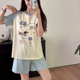 韩系少女甜美ins夏季 短袖 薄款 凉感棉睡衣女休闲学生遛弯外穿套装