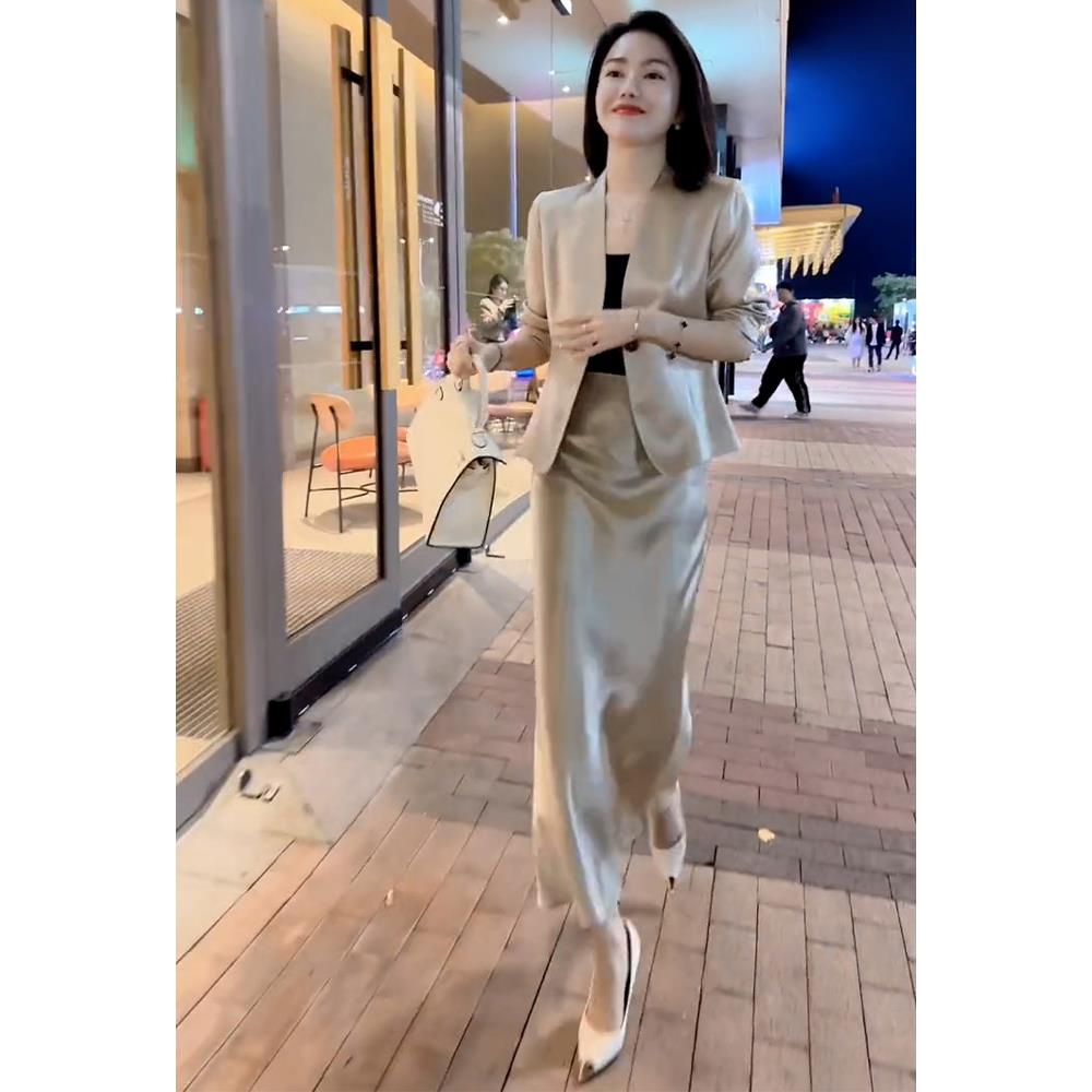 大气夏西装端庄名媛感精致气质高级醋酸女神缎面套装范高端连衣裙