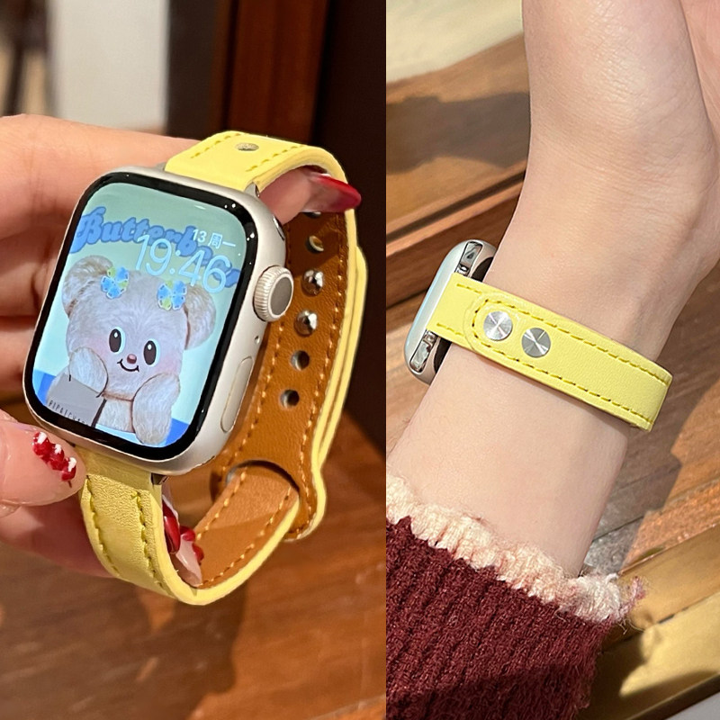 苹果手表表带iwatchs10双钉子扣皮质细款适用applewatch987女高级
