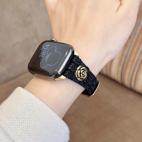 iwatch表带小香风山茶花毛呢皮质