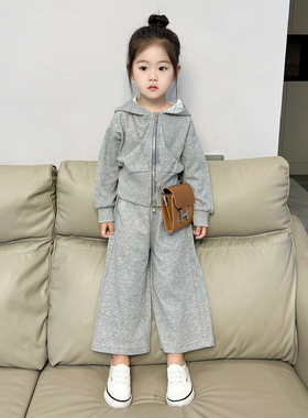 灰色女童装春季新款休闲运动套装儿童连帽开衫外套+直筒裤两件套