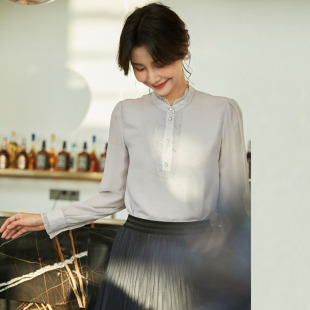 时尚 女长袖 洋气珍珠光感衬衣潮1A15018 宽松雪纺衬衫 风迪品牌春季