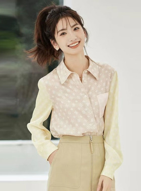 风迪春秋新款衬衫女百搭休闲直筒长袖拼色气质通勤打底衬衣C15019